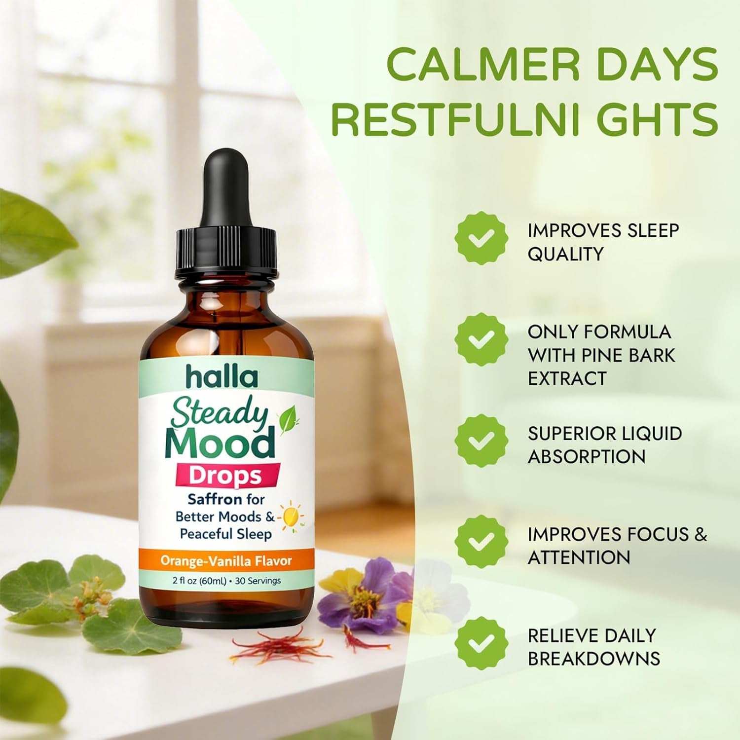 Halla Steady Mood Drops, Orange-Vanilla Flavor, Liquid Formula with Pine Bark Extract(1Pcs)