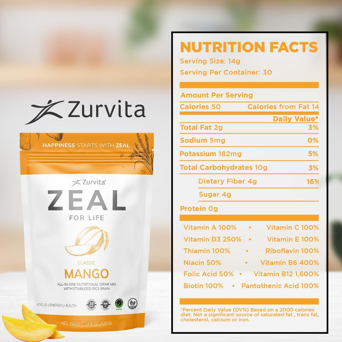 Zurvita Zeal for Life Wellness Drink Mix - Mango Flavor - Gluten-Free, Vegan, with Biotin, Vitamins B12, C, D, E, Iron, Magnesium - 30 Servings (420G)