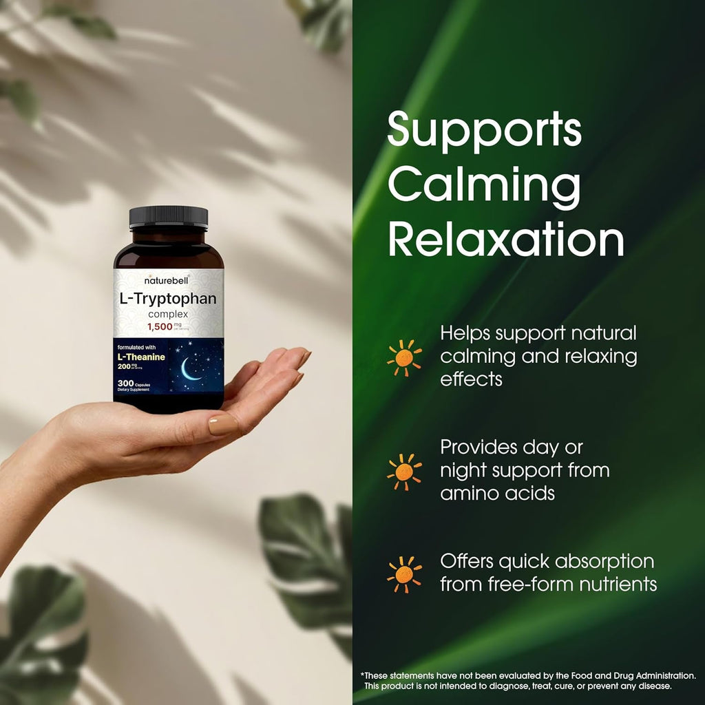 Naturebell L-Tryptophan Complex - 300 Capsules - Triple Strength 1,300Mg L-Tryptophan with 200Mg Free-Form L-Theanine - Calming Support Formula for Relaxation & Wellness*