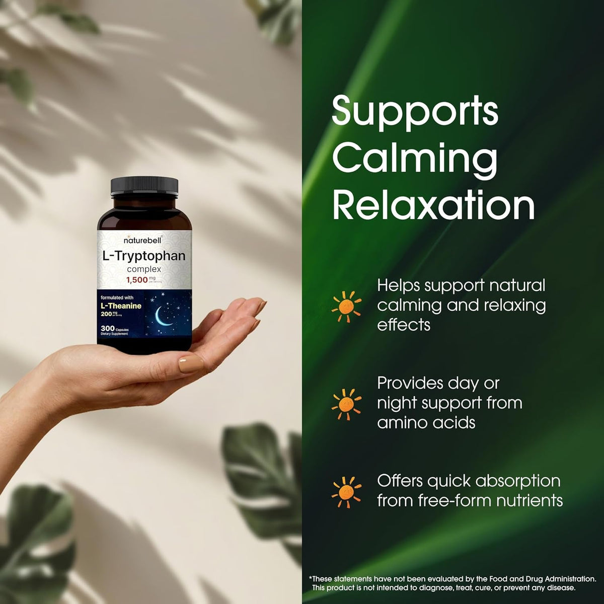 Naturebell L-Tryptophan Complex - 300 Capsules - Triple Strength 1,300Mg L-Tryptophan with 200Mg Free-Form L-Theanine - Calming Support Formula for Relaxation & Wellness*