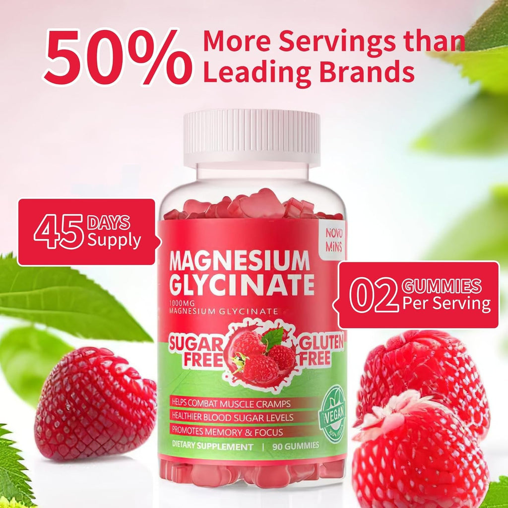 90 CT Magnesium Glycinate Gummies 1000Mg - Sugar Free Magnesium Potassium Supplement with Vitamin D, B6, Coq10 for Calm Mood & Sleep Support - 90 Raspberry Gummies