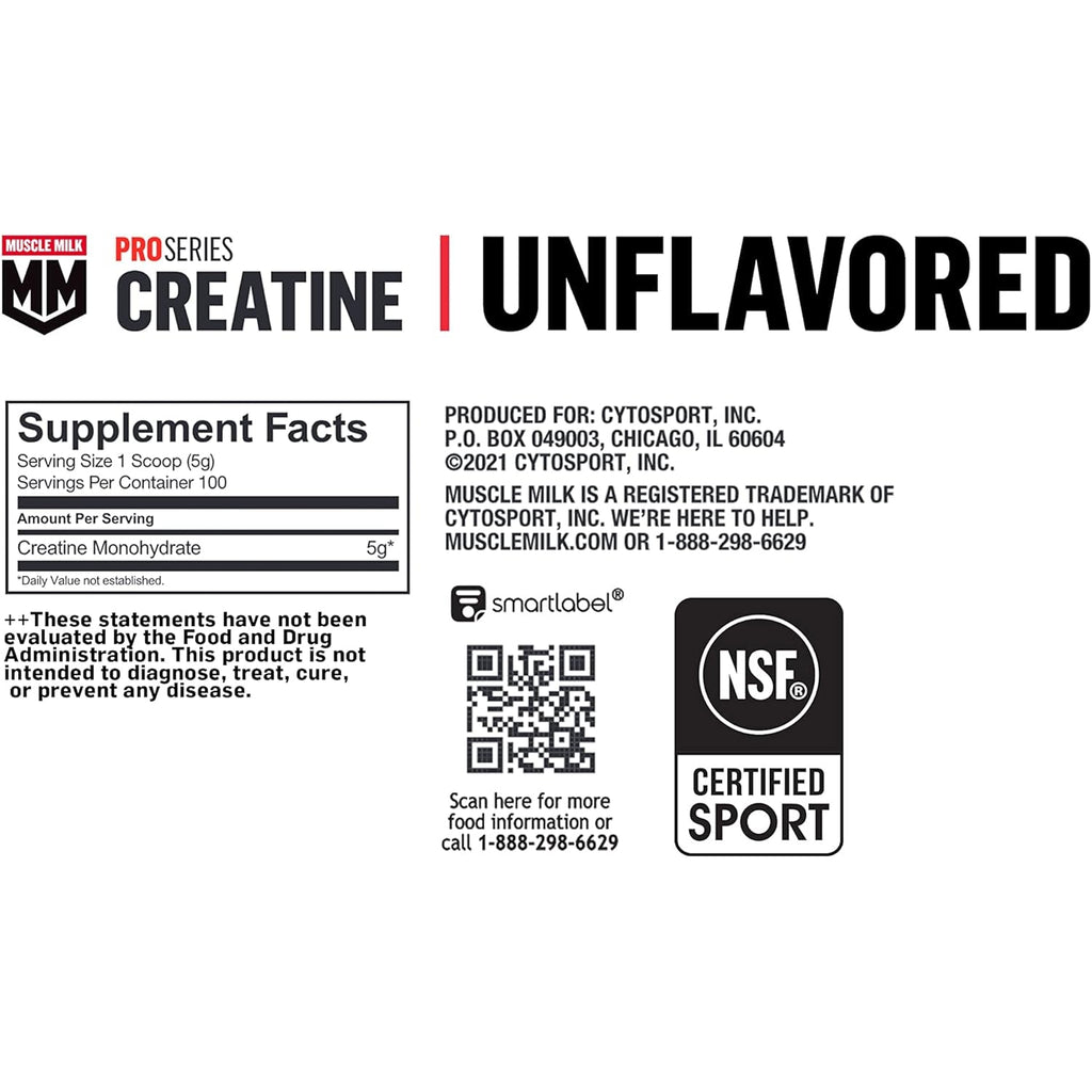 Muscle Milk Pro Series Creatine Powder Supplement, Unflavored, 1.1 Pound, 100 Servings, 5G Creatine Monohydrate, NSF Certified for Sport, Packaging May Vary