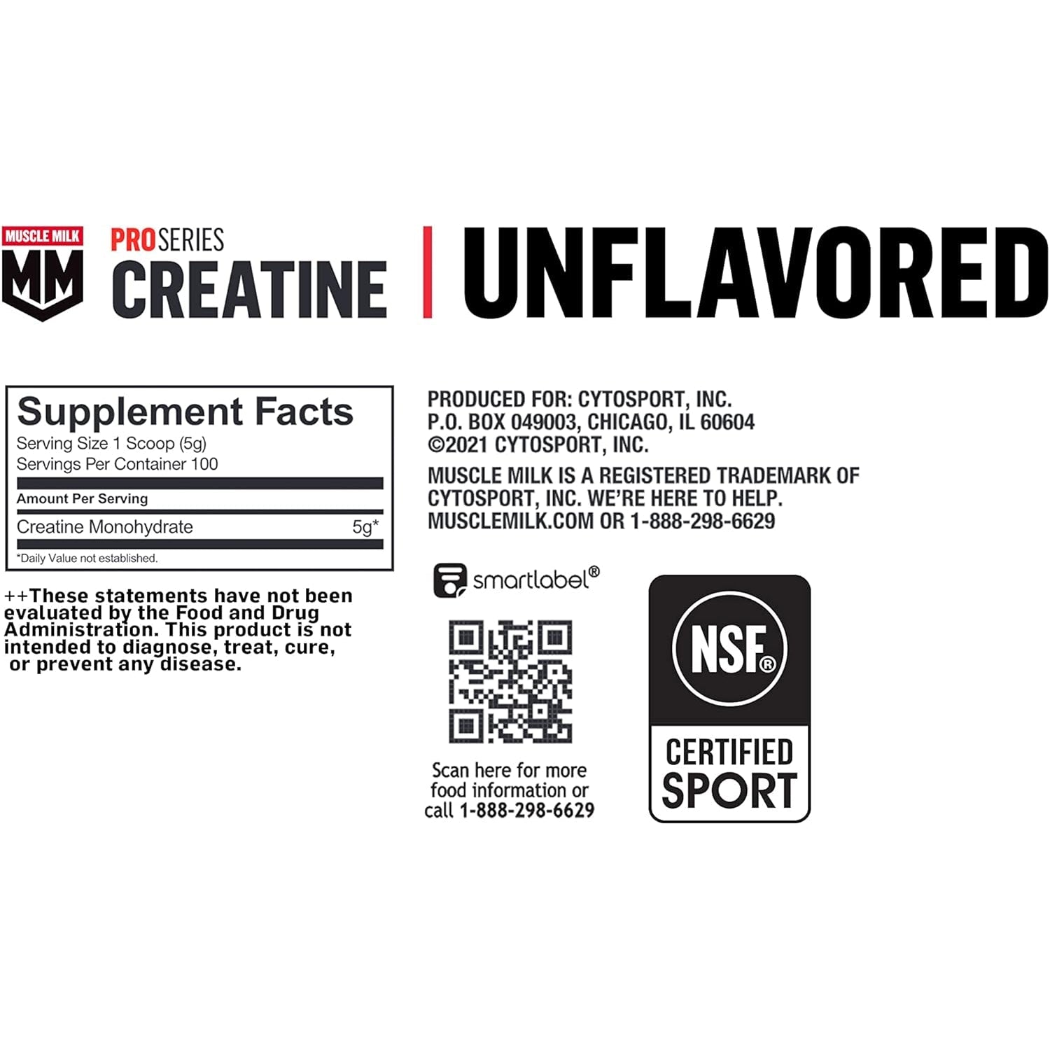 Muscle Milk Pro Series Creatine Powder Supplement, Unflavored, 1.1 Pound, 100 Servings, 5G Creatine Monohydrate, NSF Certified for Sport, Packaging May Vary