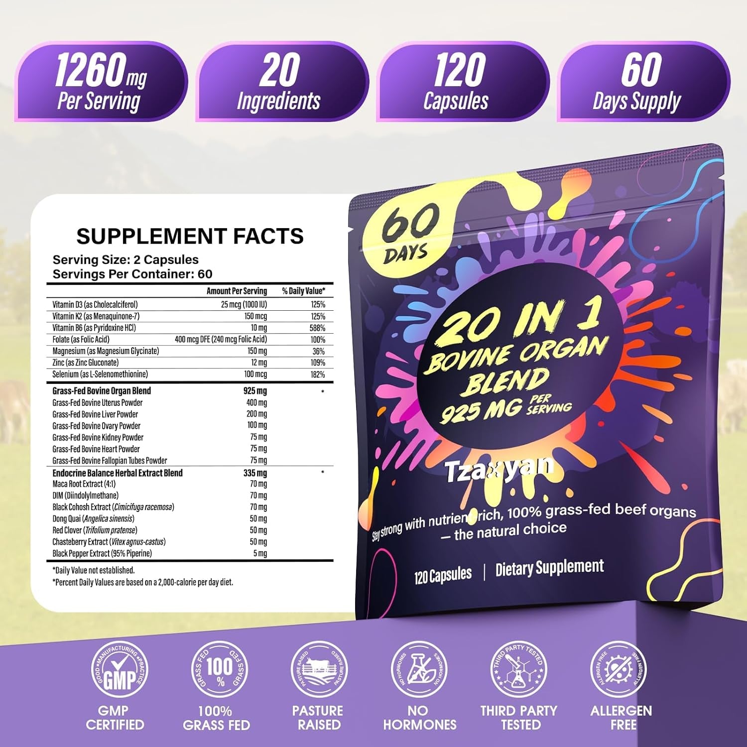 20-In-1 Beef Organ Supplement for Women, 925MG Grass Fed Beef Liver, Uterus, Ovary & 3 More with Maca, DIM, Black Cohosh, Vitamin & Mineral, Bovine Organ Capsules for Hormone Balance, Energy, 60 Days