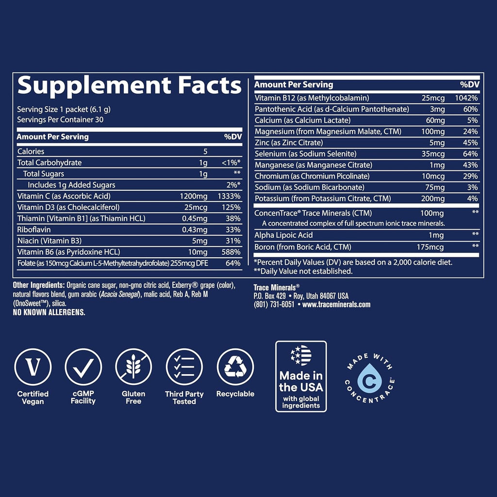 Trace Minerals | Power Pak Electrolyte Powder Packets | 1200 Mg Vitamin C, Zinc, Magnesium | Boost Immunity, Hydration and Natural Energy | Acai Berry | 30 Packets