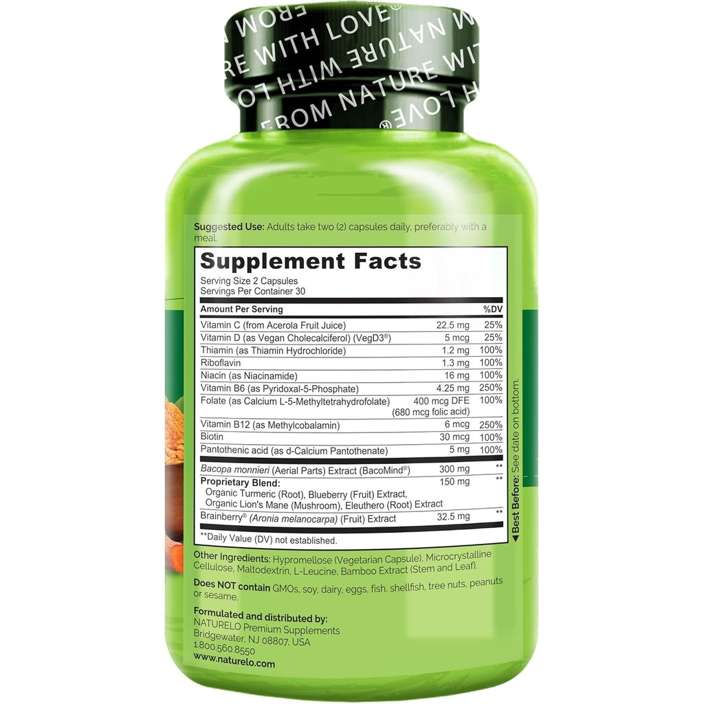 NATURELO Whole Food Brain Supplement - Brain Health Supplements for Memory & Focus Support - Enhance Brain Health Blend Supplement for Adults - 60 Vegetarian Capsules
