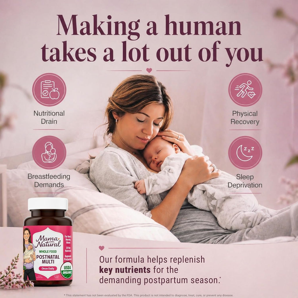 Mama Natural Organic Postnatal Vitamins for Women | One a Day Whole Food Postnatal Multivitamin for Breastfeeding & Postpartum Support | Non-Gmo with Iron, Iodine & Moringa | 30 Servings