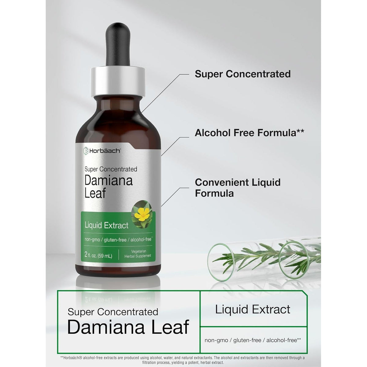 Horbäach Damiana Leaf Herb Tincture | 2 Fl Oz | Super Concentrated | Alcohol Free Liquid Extract | Vegetarian, Non-Gmo & Gluten Free Herbal Supplement