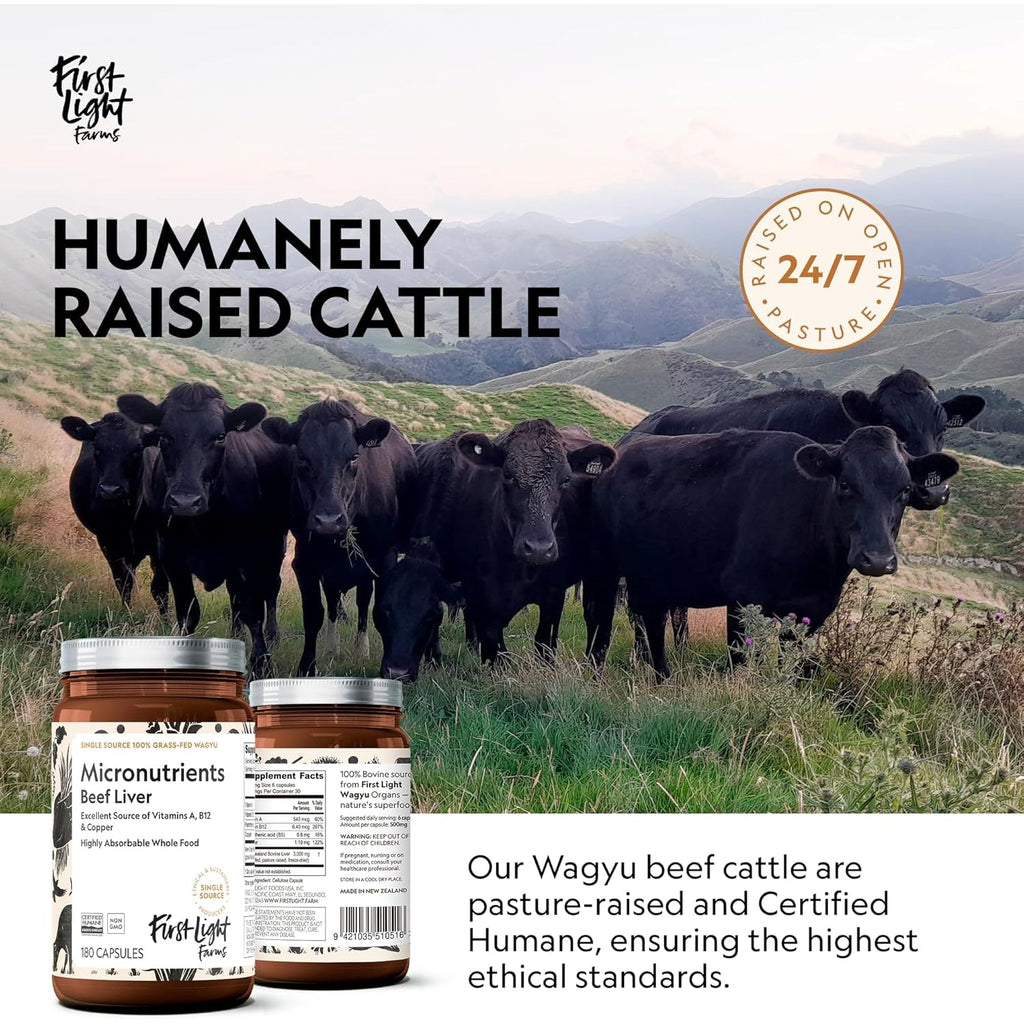 First Light Farms Grass-Fed Beef Liver Capsules | Nutrient-Dense Whole Food Nutrition, Freeze-Dried, Grassfed & Certified Humane | 180 Capsules for Energy, Immunity, and Overall Wellness