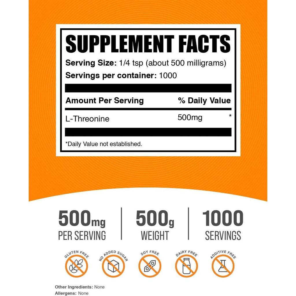 Bulksupplements.Com L-Threonine Powder -Threonine Supplement, Amino Acid Supplement - Essential Amino Acid, Gluten Free, 500Mg per Serving, 500G (1.1 Lbs) (Pack of 1)