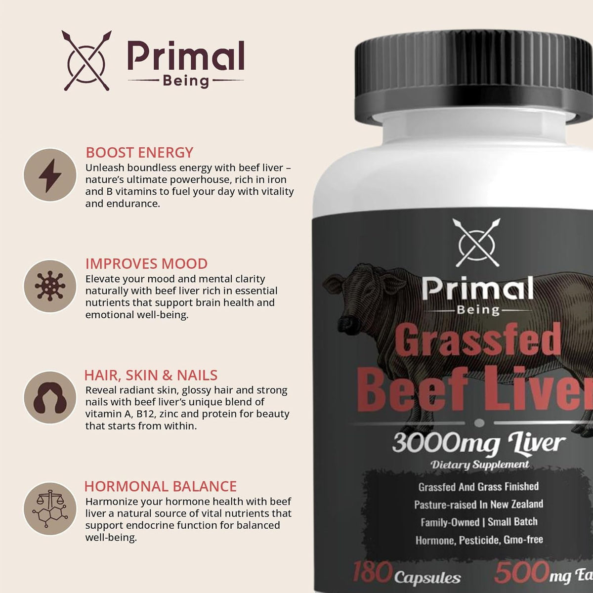 Primal Being Grassfed Beef Liver - 3000Mg Freeze Dried Capsules - Pasture Raised in New Zealand - Natural Beef Organ Supplement - Liver Supplement for Energy and Wellness - 180 Count