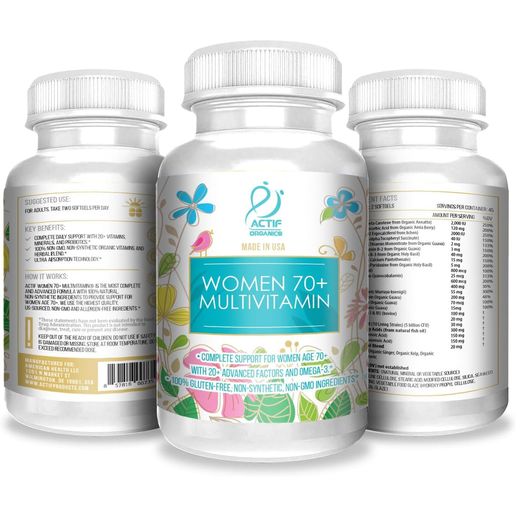 ACTIF Organic Multivitamin for Women Age 70+ with 20+ Advanced Factors and Omega-3, Non-Gmo, Made in USA, 90 Count