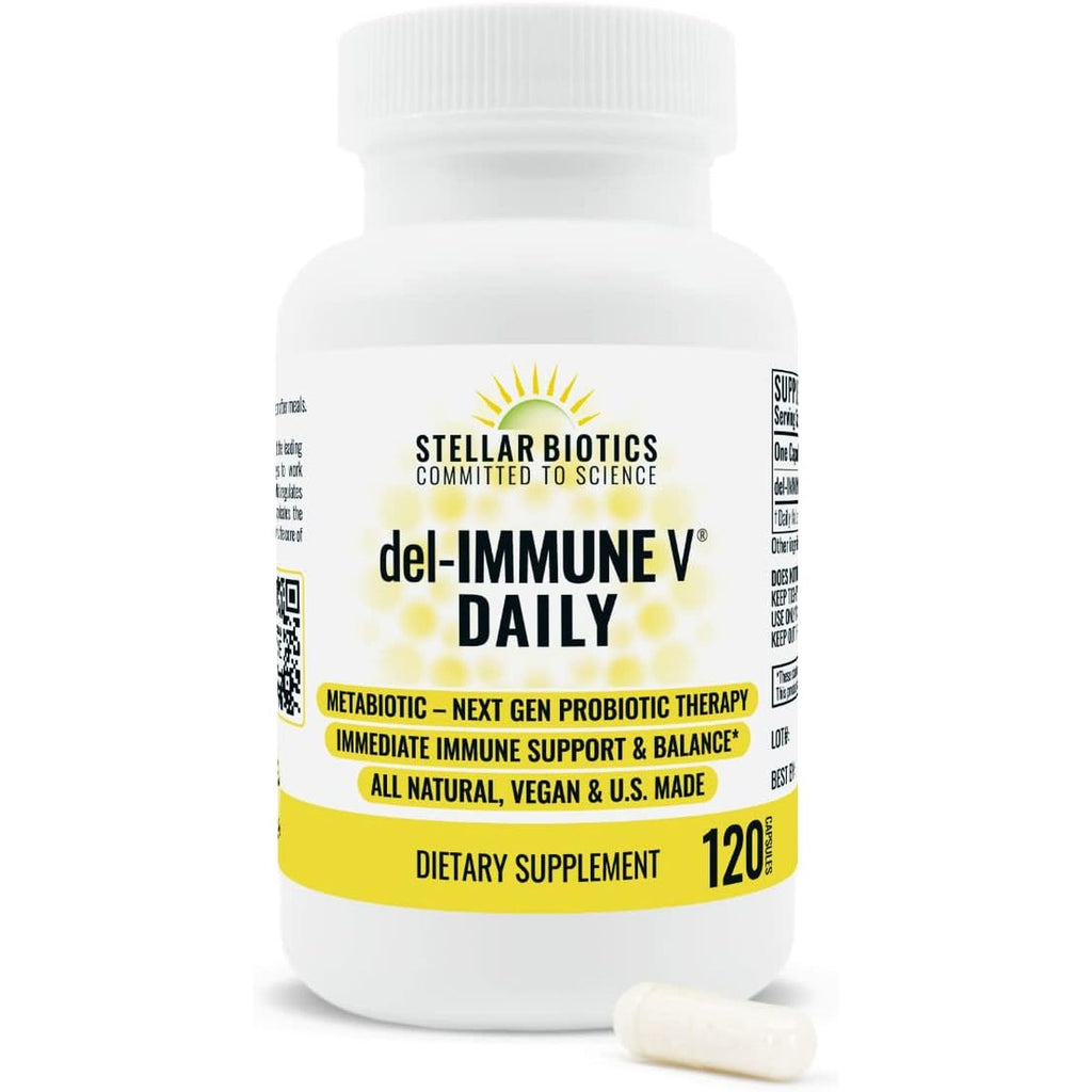 Del-Immune V® Daily by Stellar Biotics, All-Natural Immune Support & Gut Health, Immediate Care, Metabiotic: Nextgen Probiotic Therapy (120 Caps)
