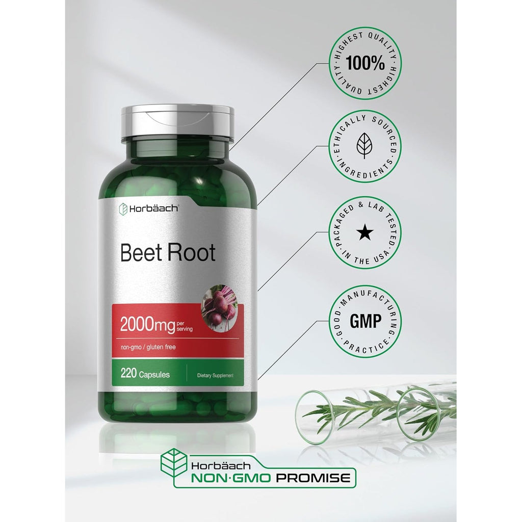 Horbäach Beet Root Powder Capsules | 220 Pills | Herbal Extract | Non-Gmo, Gluten Free Supplement