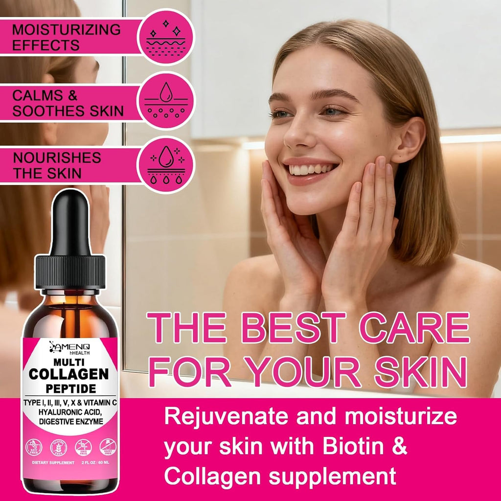 Multi Collagen Peptides Liquid Drops for Women & Men, Hydrolyzed Collagen Peptides Type (I, II, III, V, X)Proteins Complex W. Hyaluronic Acid, Biotin & Vitamin C, Support Hair Skin Joint & Gut Health