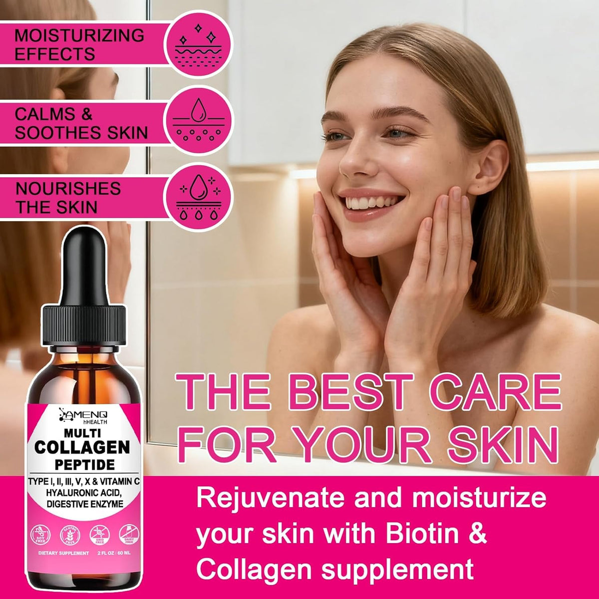 Multi Collagen Peptides Liquid Drops for Women & Men, Hydrolyzed Collagen Peptides Type (I, II, III, V, X)Proteins Complex W. Hyaluronic Acid, Biotin & Vitamin C, Support Hair Skin Joint & Gut Health