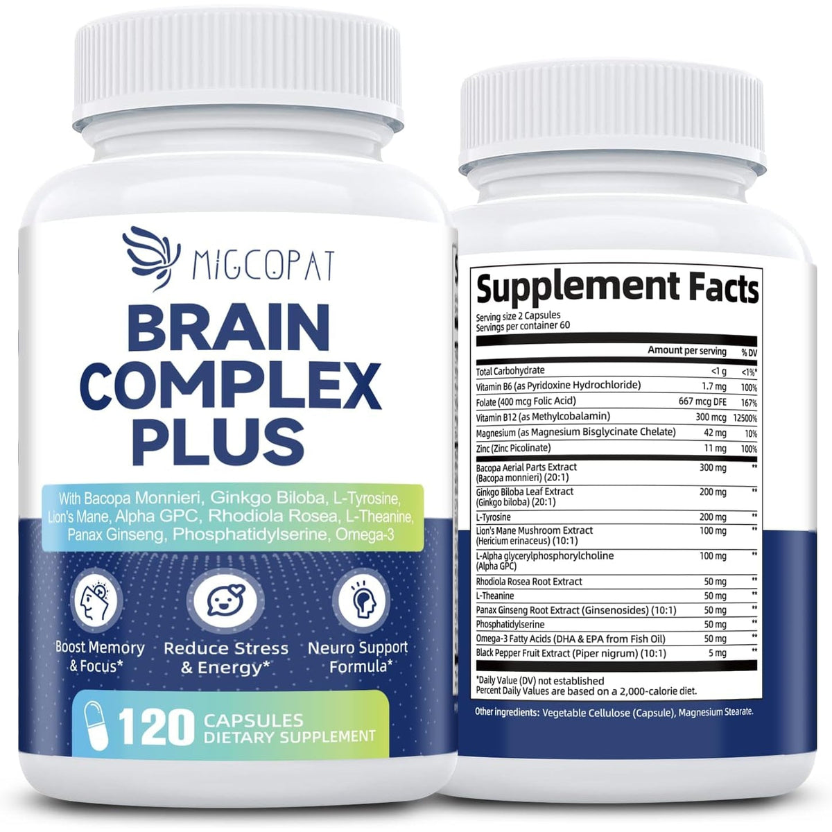Brain Supplements for Memory and Focus | Nootropic with Bacopa Monnieri, Lion'S Mane, Alpha GPC, Ginkgo Biloba | Mental Clarity & Cognitive Support | Vitamin B6 & B12 Neuro Health - Non-Gmo, 120 Caps