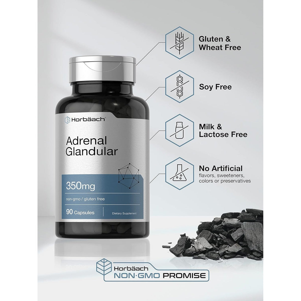 Horbäach Raw Adrenal Glandular | 350 Mg | 90 Capsules | Non-Gmo, Gluten Free Supplement
