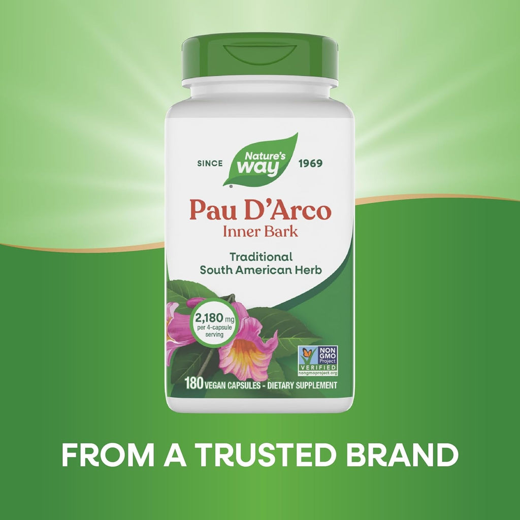 Nature'S Way PAU D'Arco Inner Bark, Traditional South American Herb, 2,180 Mg per 4-Capsule Serving, Non-Gmo Project Verified, 180 Capsules (Packaging May Vary)