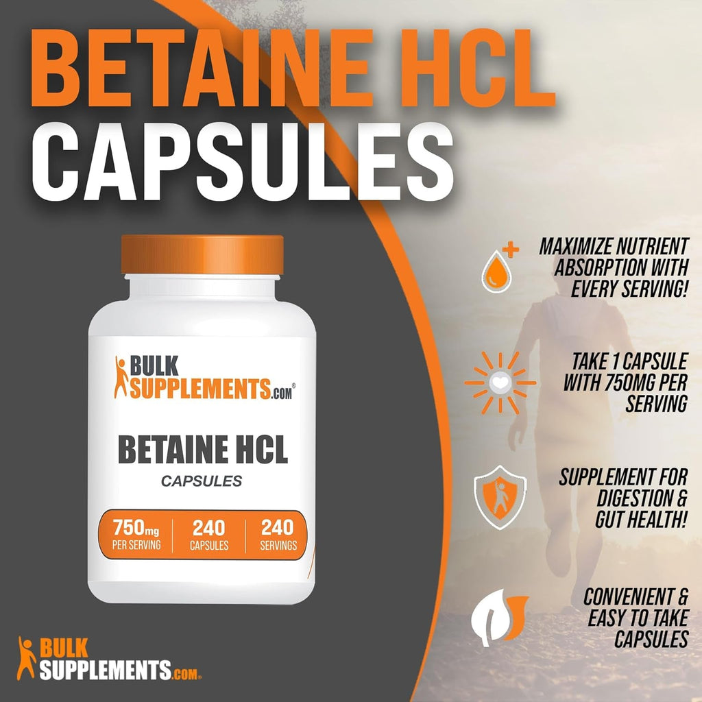 Bulksupplements.Com Betaine Hcl Capsules - Betaine Hydrochloride Supplement for Digestive Support, Betaine Hcl 750Mg - Gluten Free, 1 Capsule per Serving, 240 Capsules (Pack of 1)