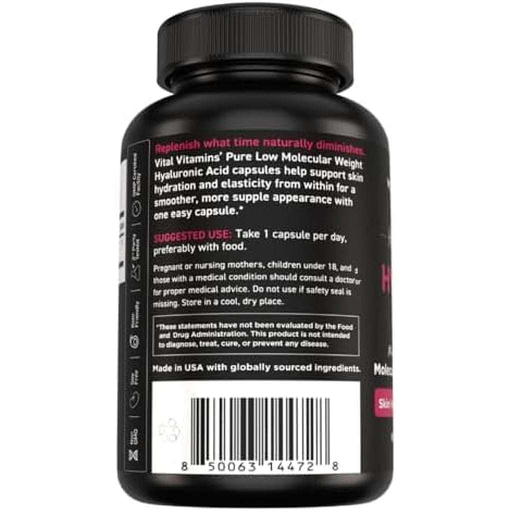 Vital Vitamins Hyaluronic Acid Supplements - Made with 200Mg of Low Molecular Weight Hyaluronic Acid - Supports Skin Hydration & Elasticity from within - 60 Capsules, 60 Servings