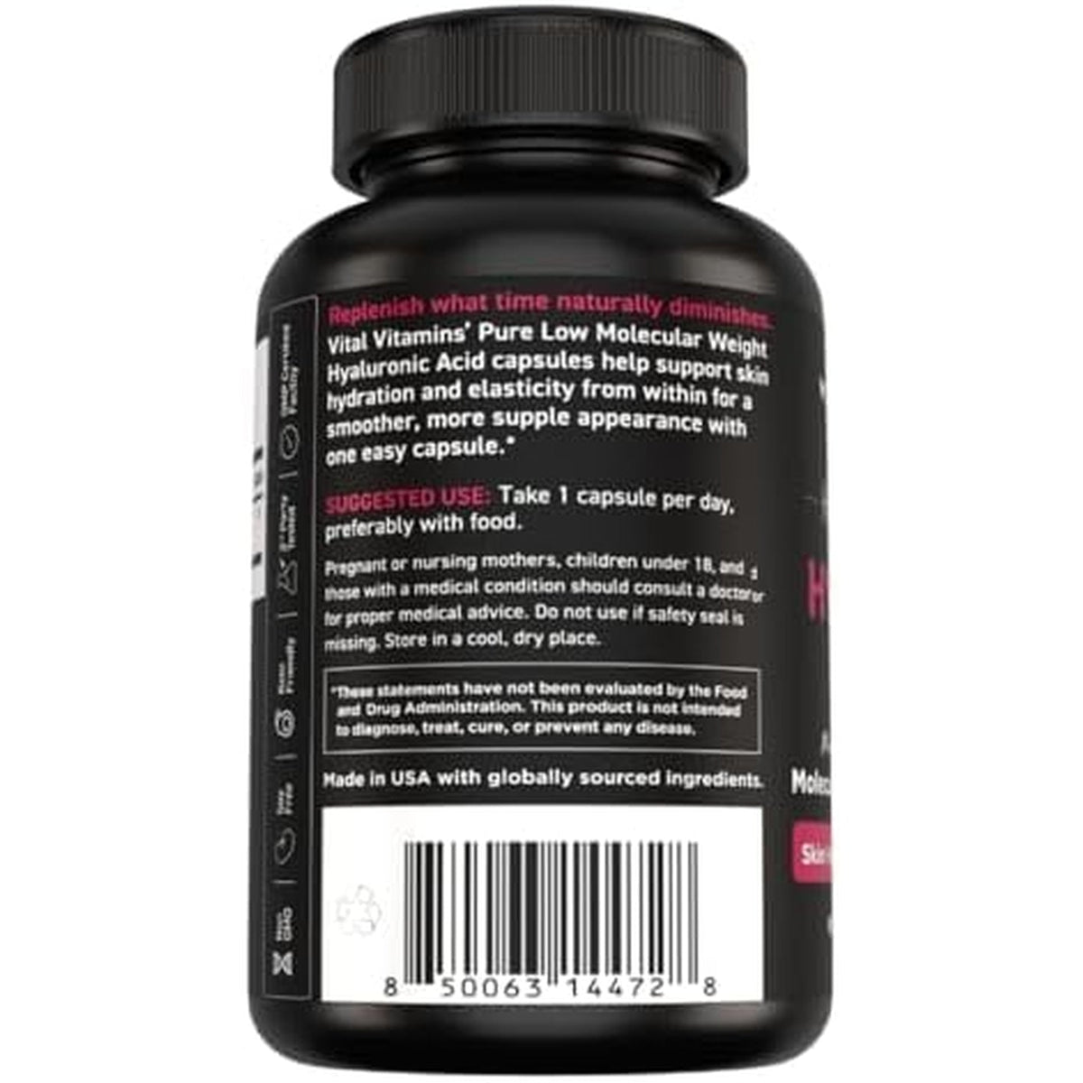 Vital Vitamins Hyaluronic Acid Supplements - Made with 200Mg of Low Molecular Weight Hyaluronic Acid - Supports Skin Hydration & Elasticity from within - 60 Capsules, 60 Servings
