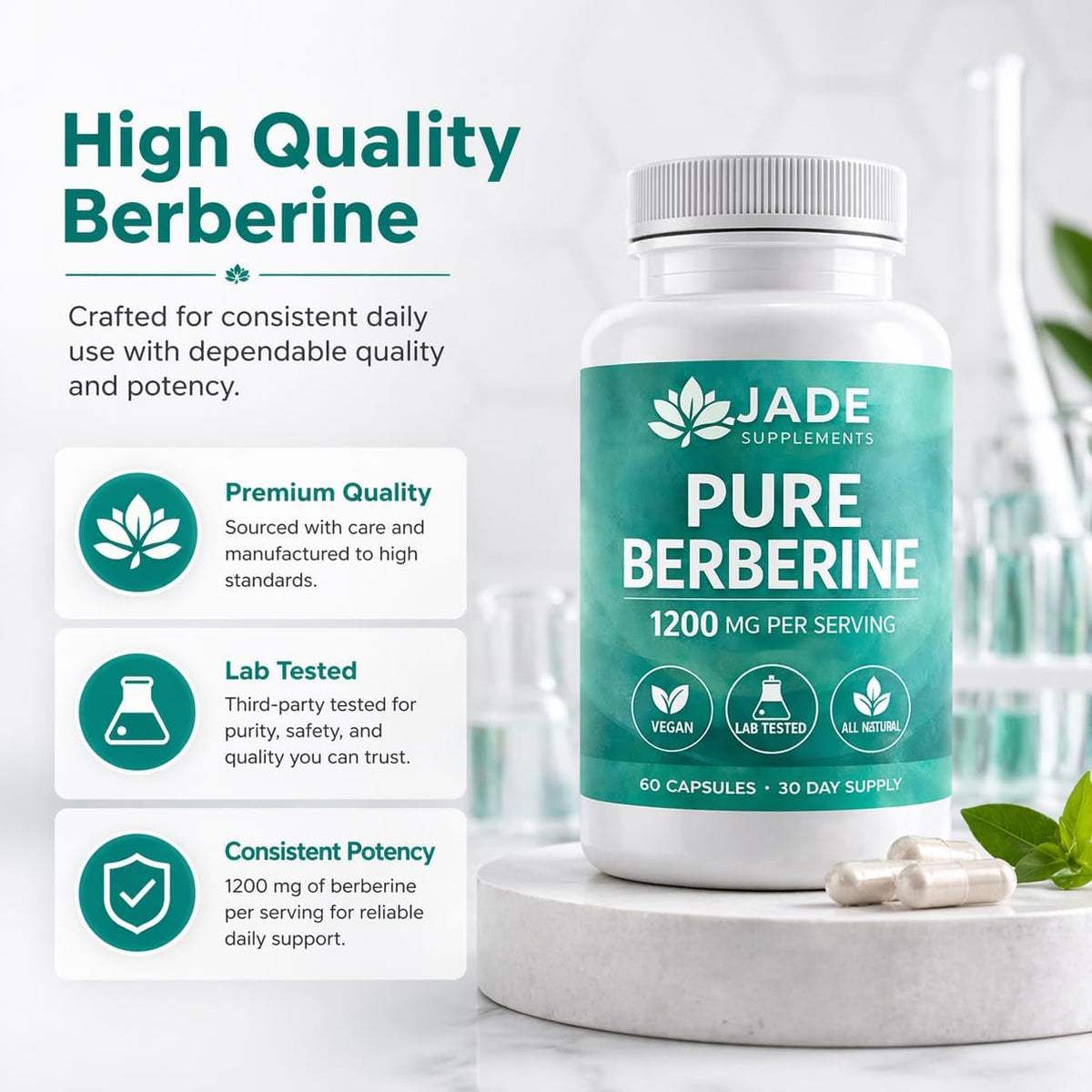 Jade Supplements Pure Berberine, 60 Vegetarian Capsules - Gluten Free & Non-Gmo