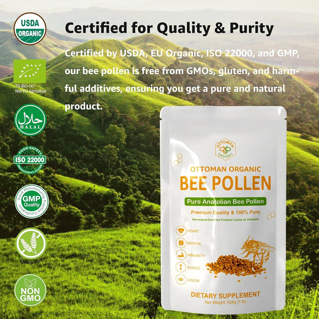 Bee Pollen – USDA & EU Organic Certified, Halal, ISO 22000 & GMP | 100% Pure Superfood, Rich in Vitamins & Minerals | Non-Gmo, Additive-Free (1 Pound (Pack of 1))
