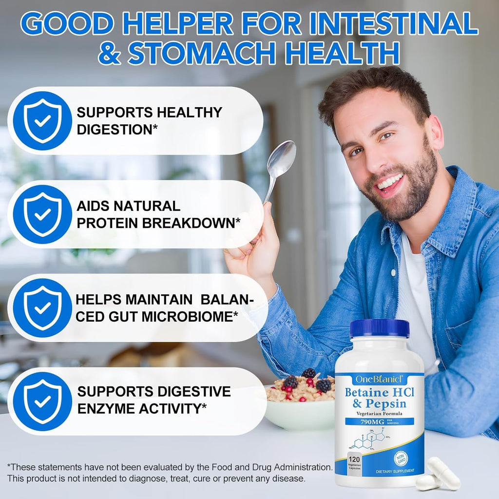 Betaine Hcl with Pepsin Digestive Enzymes Supplement, 120 Vegan Capsules, 790Mg Gluten-Free Formula for Digestive Support & Stomach Comfort, Plant-Based, Non-Gmo