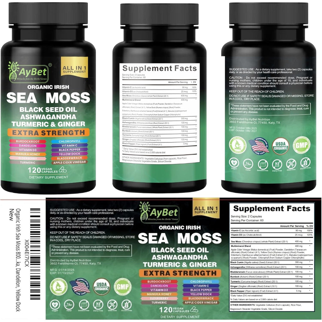 Organic Irish Sea Moss Capsules 120 Count –16 in 1 Sea Moss Supplement with Black Seed Oil, Ashwagandha, Turmeric & Ginger, Bladderwrack & Burdock Root, Vitamin D3 –Organic, Vegan, Halal, Non-Gmo
