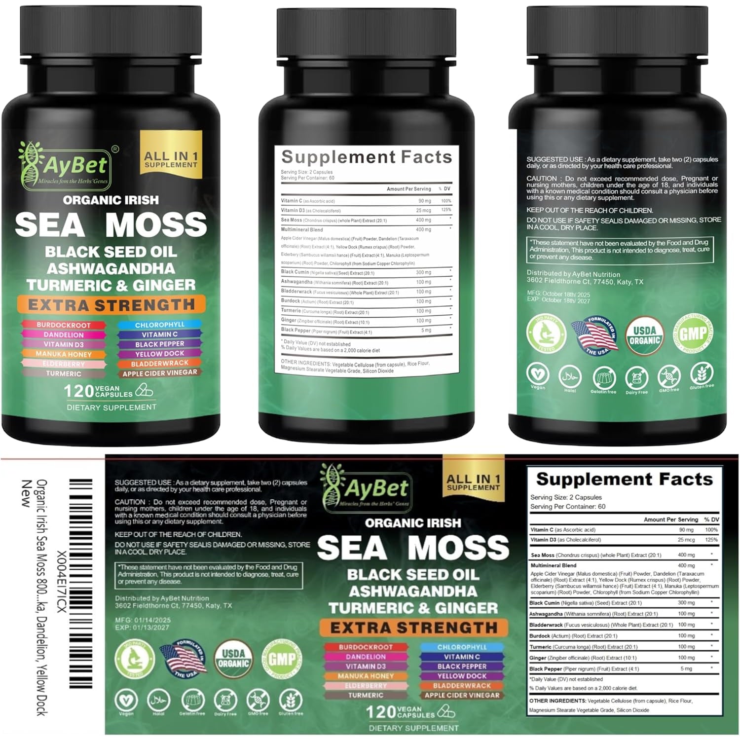 Organic Irish Sea Moss Capsules 120 Count –16 in 1 Sea Moss Supplement with Black Seed Oil, Ashwagandha, Turmeric & Ginger, Bladderwrack & Burdock Root, Vitamin D3 –Organic, Vegan, Halal, Non-Gmo