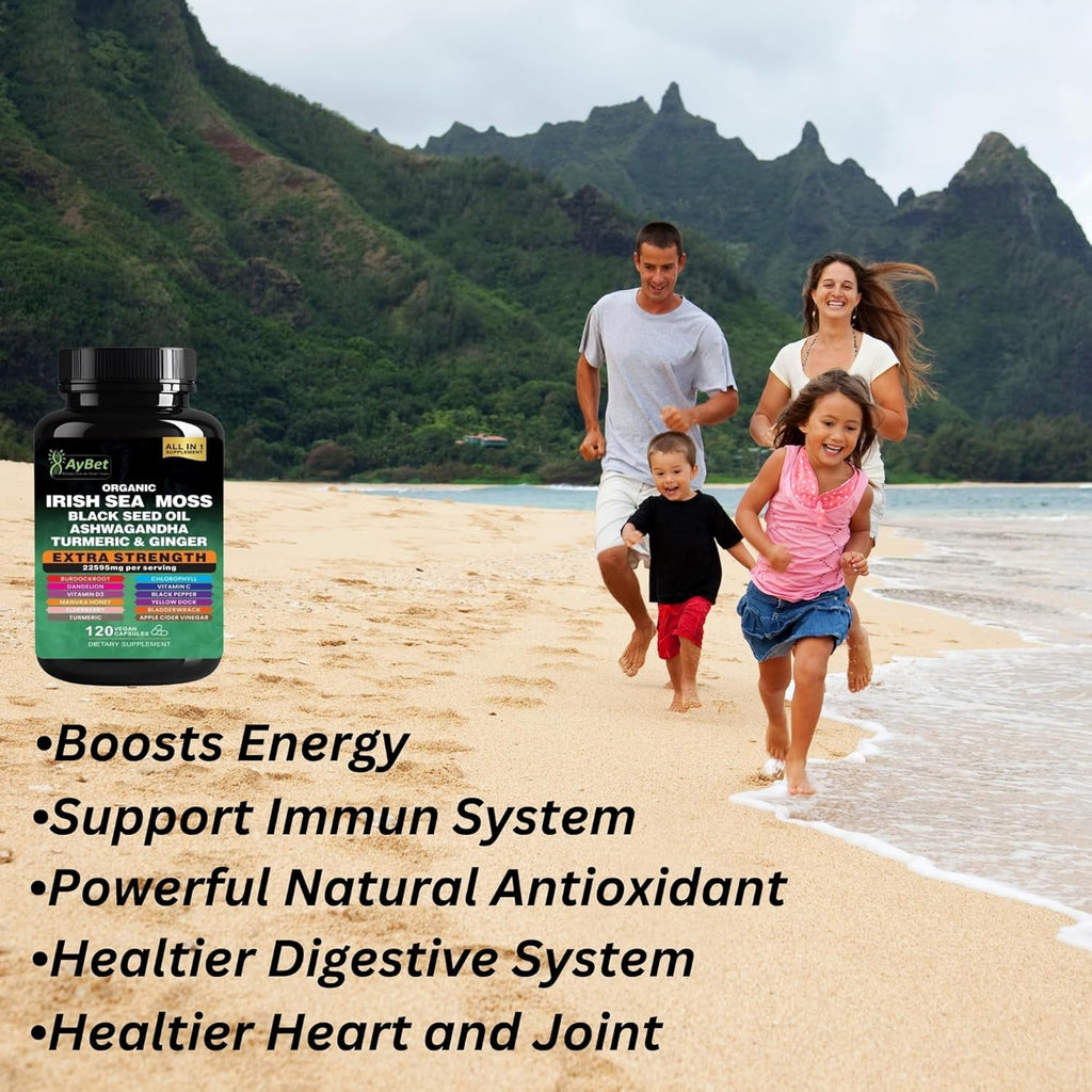 Organic Irish Sea Moss Capsules 120 Count –16 in 1 Sea Moss Supplement with Black Seed Oil, Ashwagandha, Turmeric & Ginger, Bladderwrack & Burdock Root, Vitamin D3 –Organic, Vegan, Halal, Non-Gmo