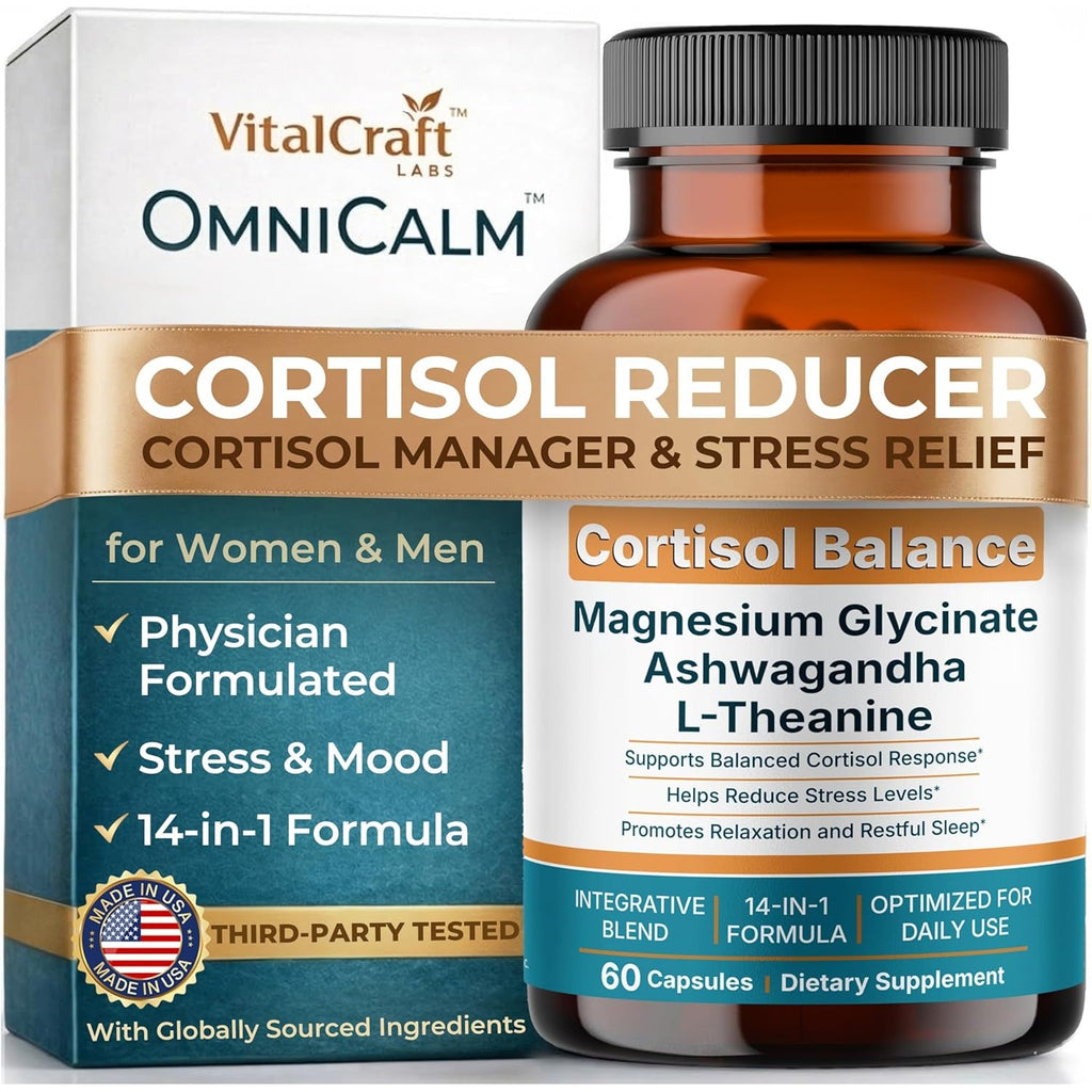 Omnicalm Cortisol Supplements for Women & Men | Cortisol Reducer & Manager with Sensoril Ashwagandha, Suntheanine L-Theanine, Magnesium Glycinate | Physician-Formulated 14-In-1 Stress Relief - USA