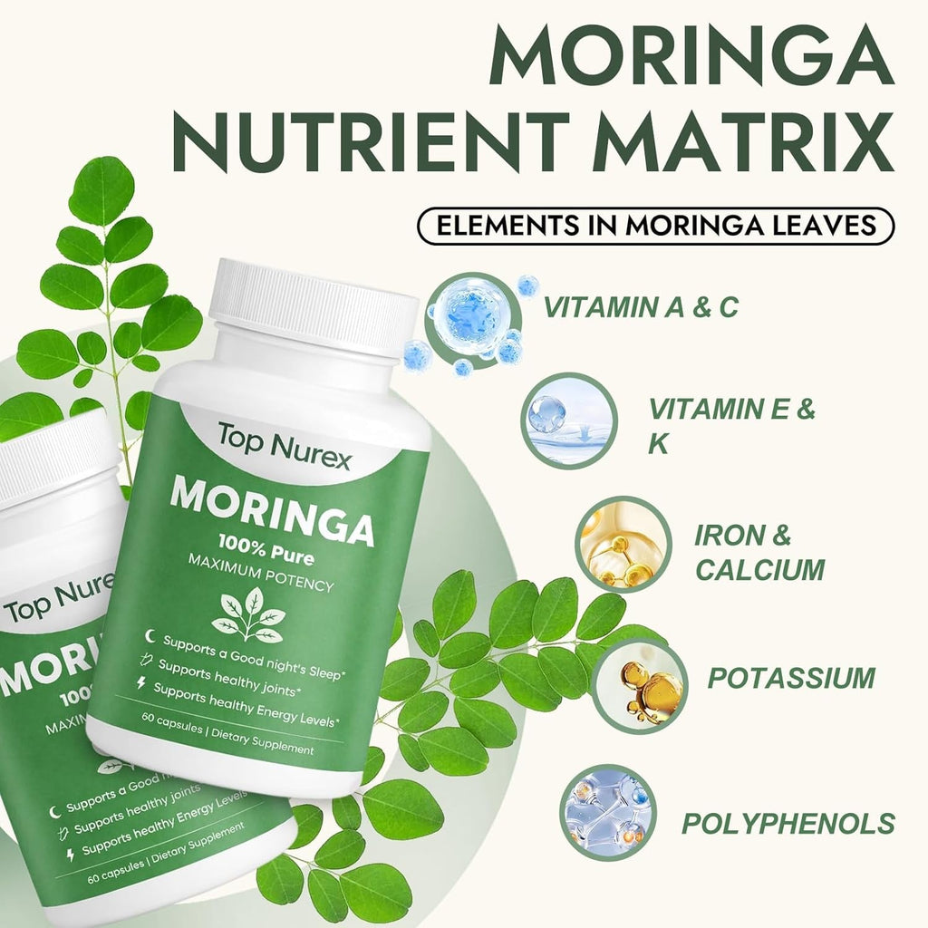 Moringa Capsules, Natural Green Superfood Supplement for Sustained Energy, Immune Support & Digestive Wellness, Non-Gmo, Vegan, 60 Capsules
