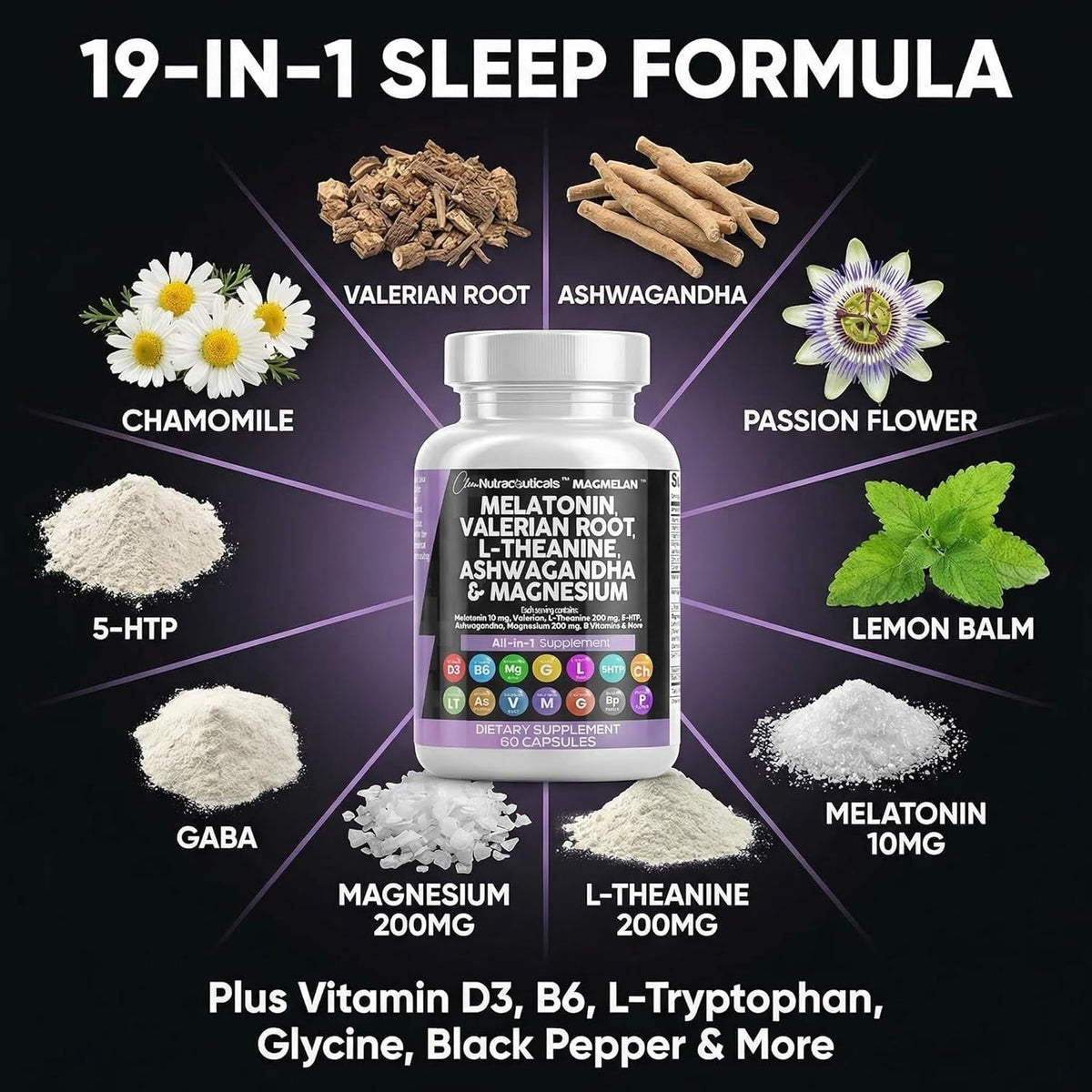 Clean Nutraceuticals Melatonin 10Mg Valerian Root L Theanine 200Mg Ashwagandha - Sleep Support for Women & Men with Magnesium Complex, Lemon Balm, Chamomile, & Passion Flower - 60 Caps