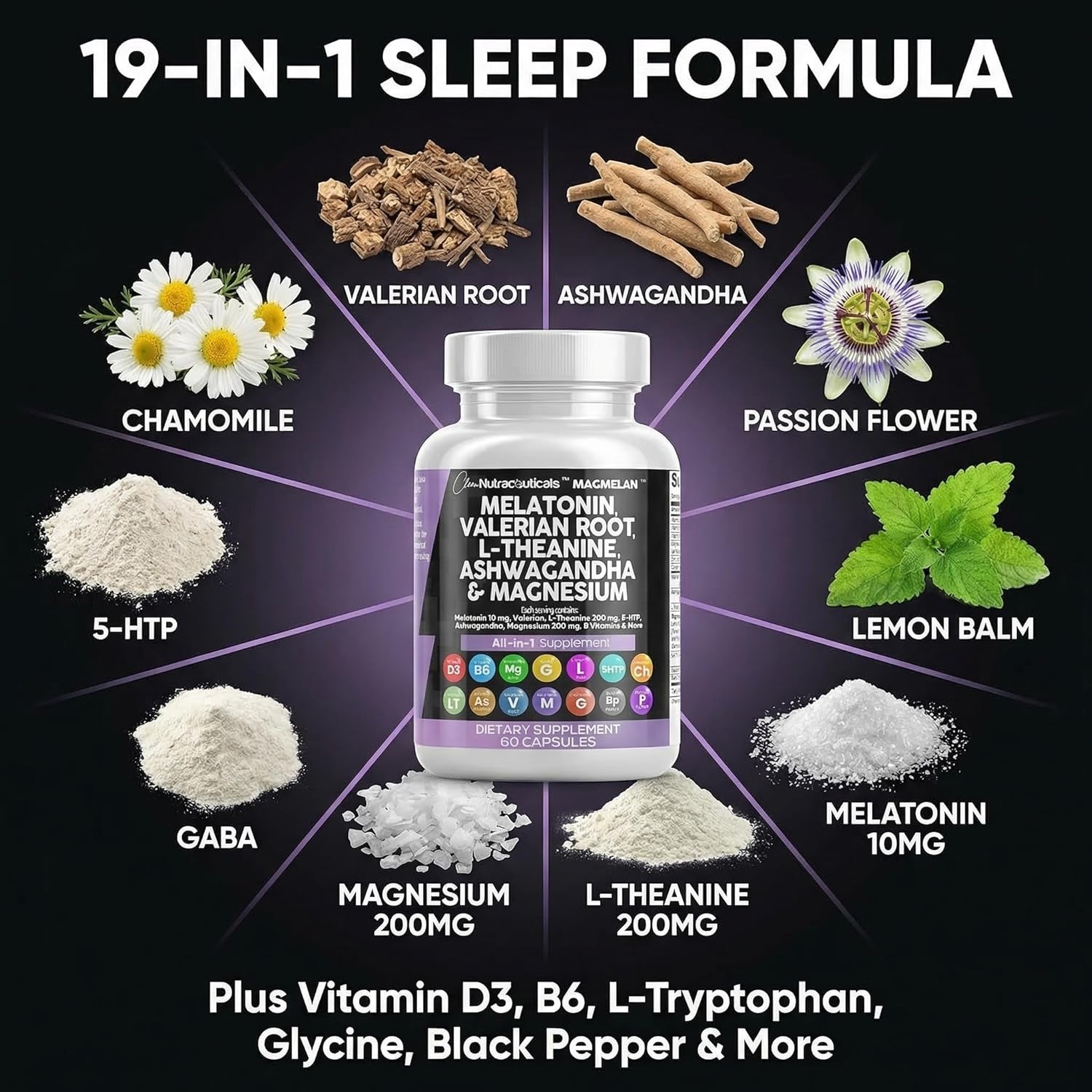 Clean Nutraceuticals Melatonin 10Mg Valerian Root L Theanine 200Mg Ashwagandha - Sleep Support for Women & Men with Magnesium Complex, Lemon Balm, Chamomile, & Passion Flower - 60 Caps