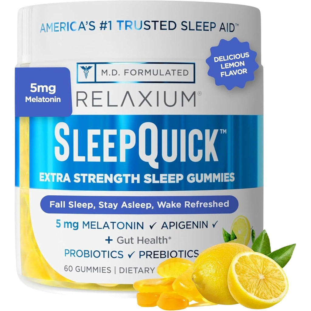 Relaxium Sleepquick Gummies - Sleep Aid + Gut Health & Immune Support, 5 Mg Melatonin, Vitamin D-3 + Prebiotic & Probiotic Blend, Gluten & Drug Free, Lemon Flavor, 60 Gummies