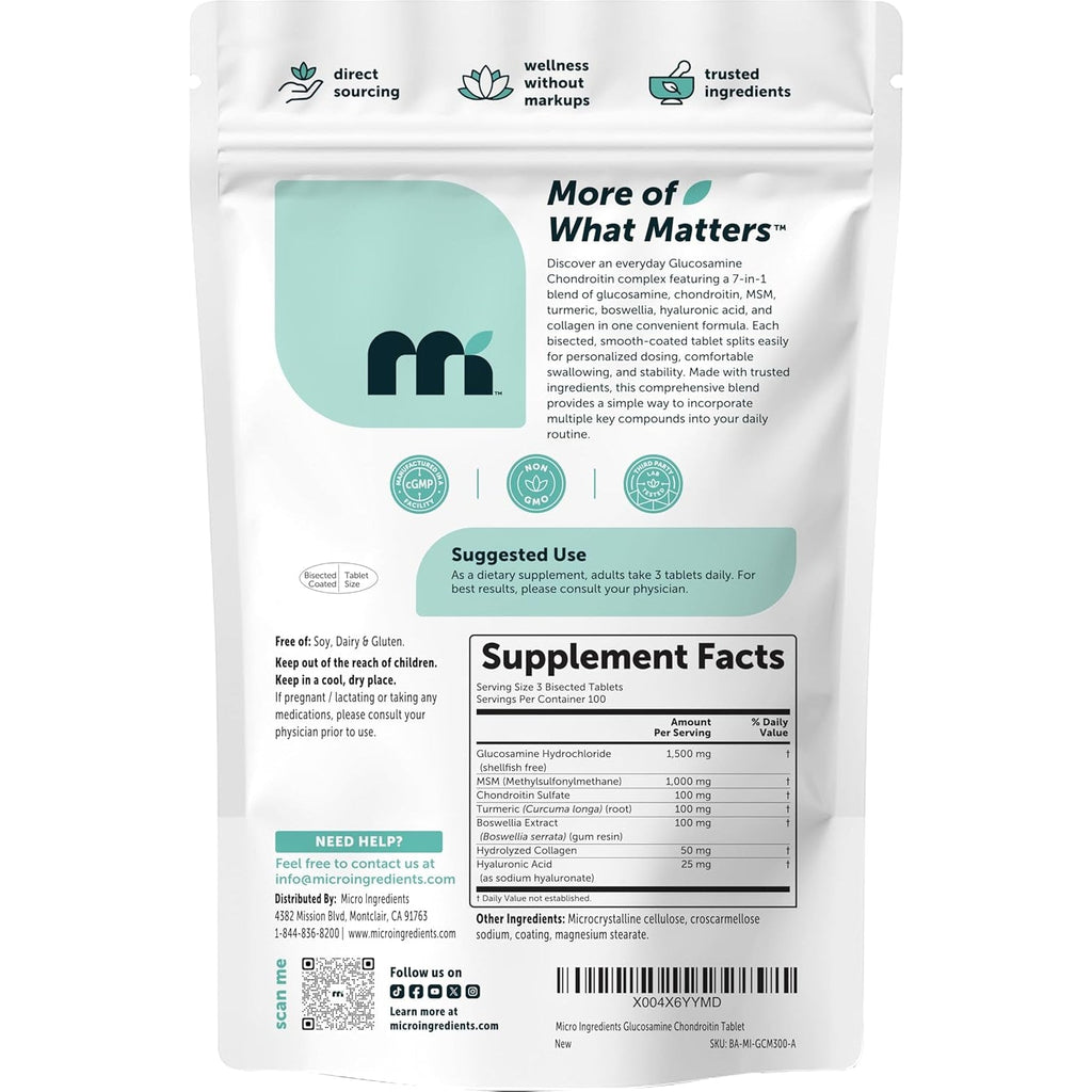 Micro Ingredients Glucosamine Chondroitin MSM and Turmeric Supplement, 300 Bisected Tablets | 1,500 Mg Glucosamine per Serving | 7-In-1 with Boswellia, Hyaluronic Acid, & Collagen Complex