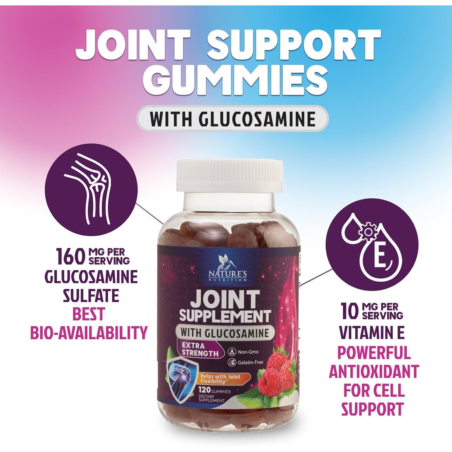 Joint Support Gummies - Glucosamine plus Vitamin E Nature'S Joint Support Supplement for Occasional Discomfort for Back, Knees & Hands - Cartilage & Joint Health & Flexibility Support - 120 Gummies