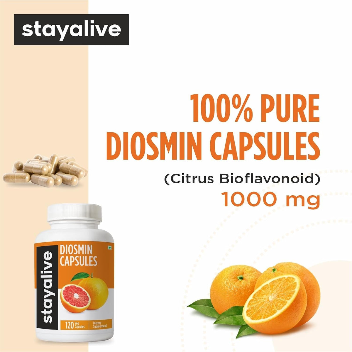 STAY ALIVE Pure Diosmin Complex 1000Mg Formula, 120 Capsules, Citrus Bioflavonoids Rich Fruit Extract, 2 Month Supply, 100% Vegetarian, Non-Gmo & Gluten Free Diosmin Supplement
