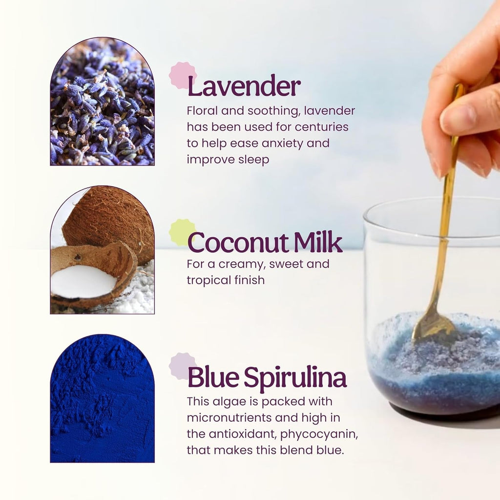 Blume Blue Lavender Superfood Latte Powder – Organic Lavender Tea Powder, Blue Spirulina, Blue Butterfly Pea Flower Tea, Chamomile, Coconut Milk - Caffeine Free, Vegan, 1G Sugar - 25 Servings