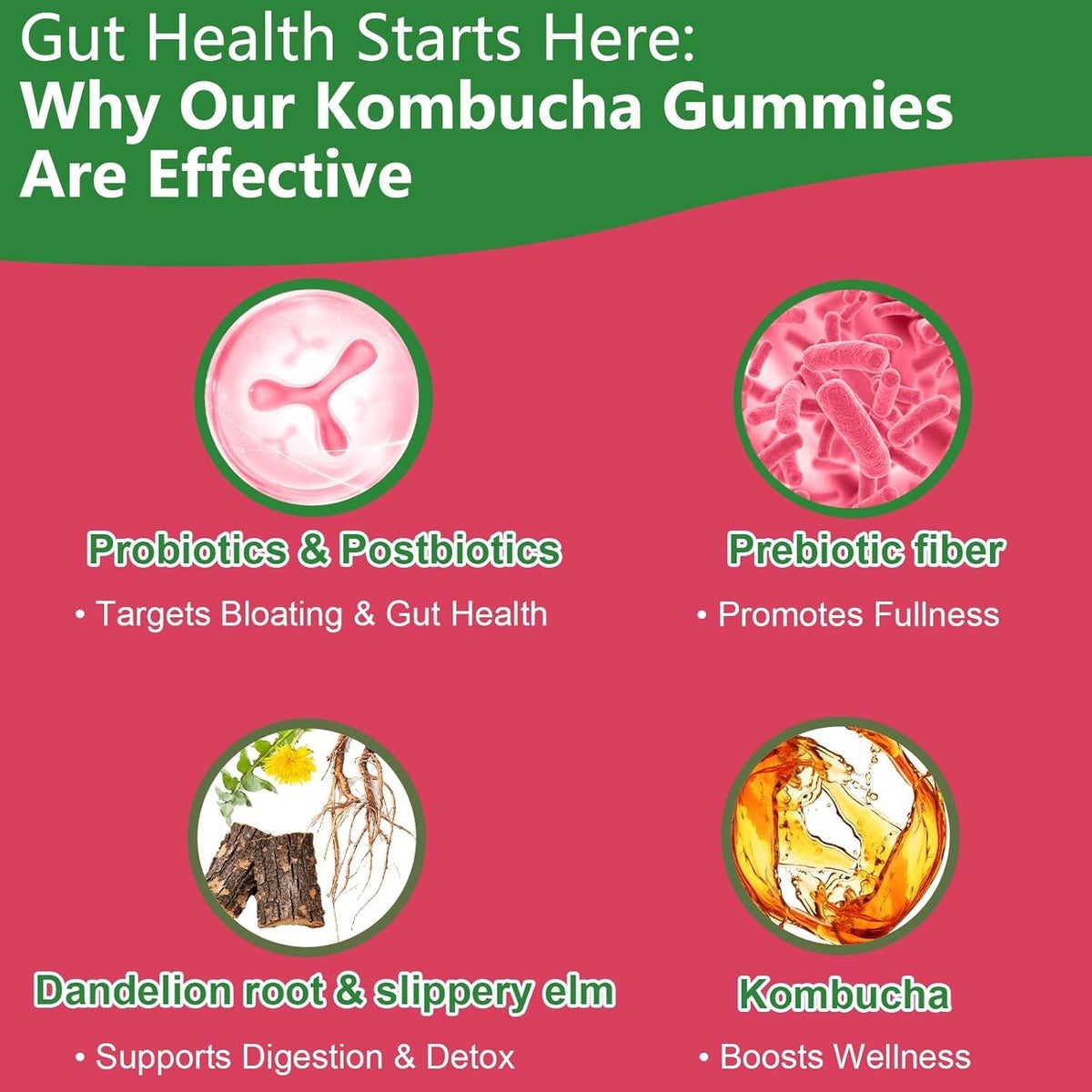 Probiotic Kombucha Gummy - Prebiotics, Probiotics, Postbiotics, Fiber Supplement, Slippery Elm for Bloating, Gut Health, Women and Men, 60Ct