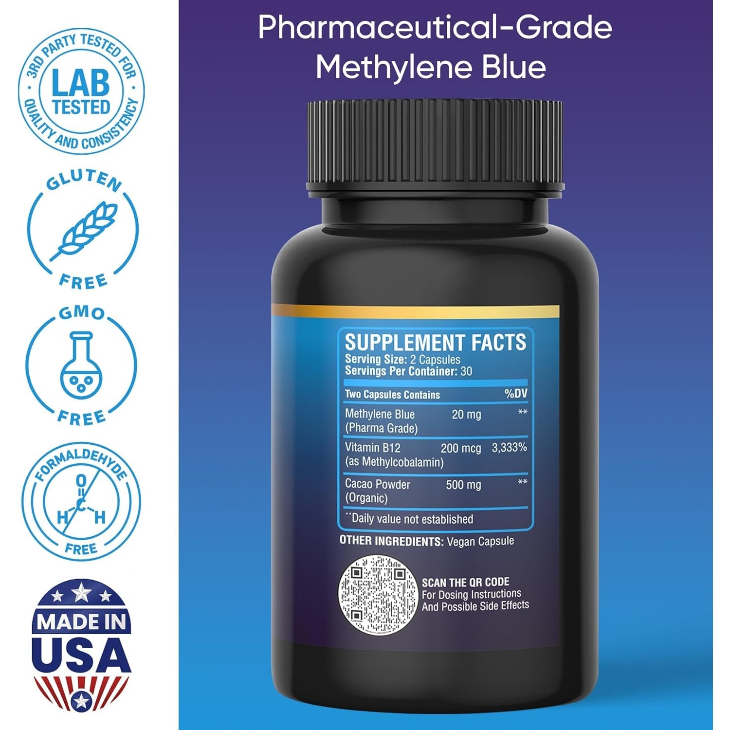 BETTER LIFE LAB Methylene Blue Capsules 60 Count - Pharmaceutical Grade USP for Brain Energy and Cellular Health - Mental Clarity Support Supplement