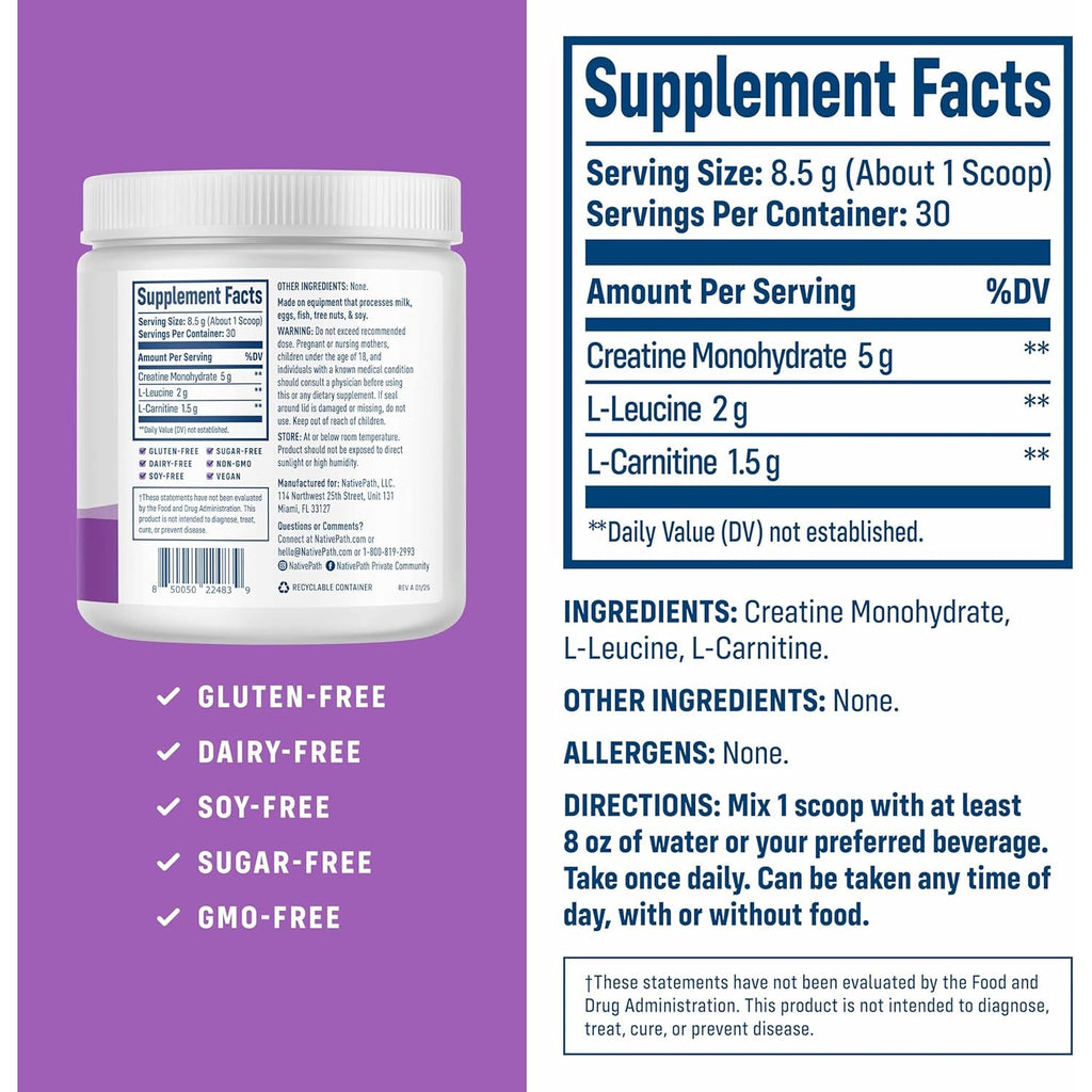 Nativepath Creatine Monohydrate Powder with L-Leucine & L-Carnitine - Supports Muscle Health for Men & Women - 30 Servings
