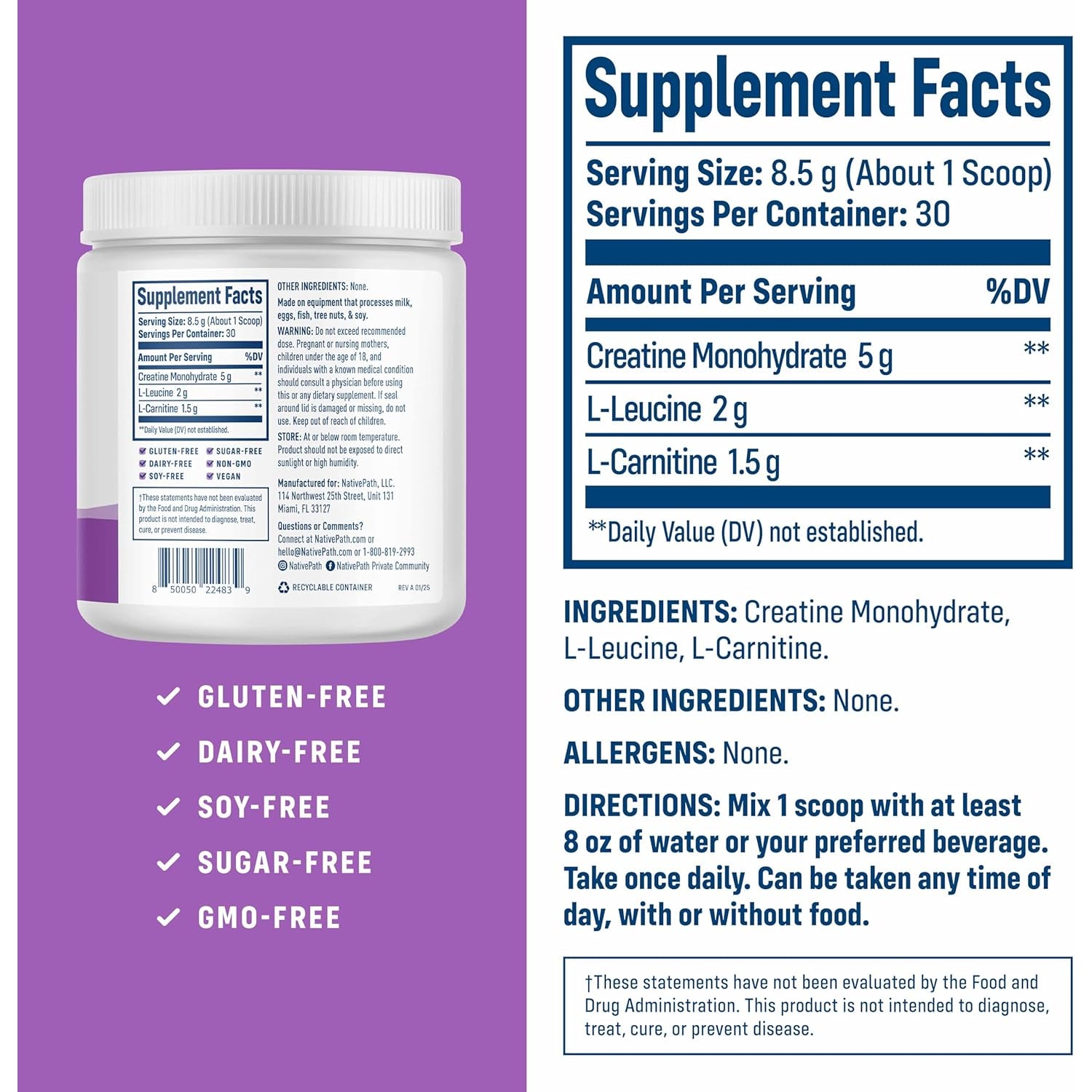 Nativepath Creatine Monohydrate Powder with L-Leucine & L-Carnitine - Supports Muscle Health for Men & Women - 30 Servings