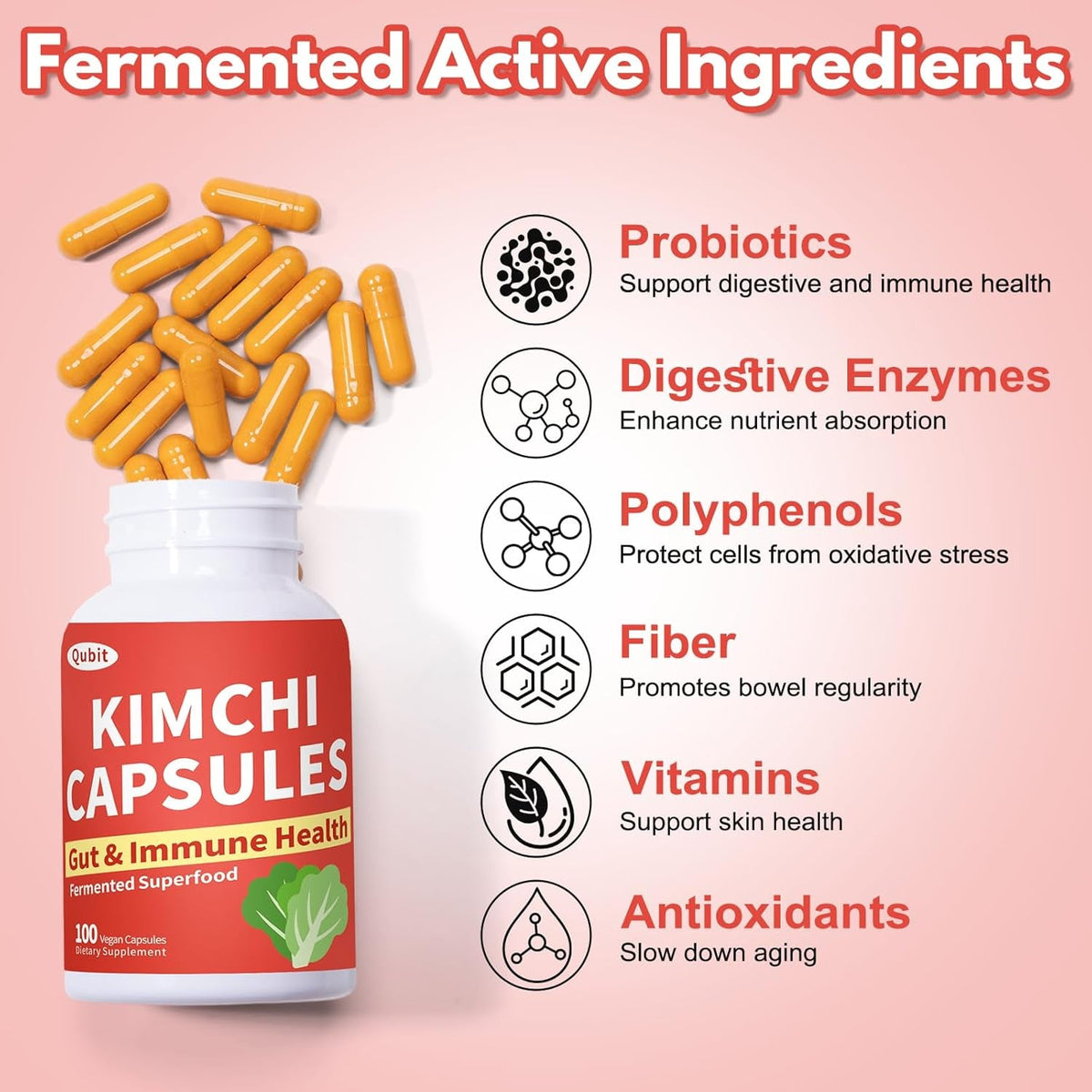 QUBIT Kimchi Capsules, Kimchi Supplement, Supports Gut, Digestive & Fullness, Taste Well, One Capsule of Fermented Superfood for Antioxidant Support, 90 Vegan Capsules, Pills