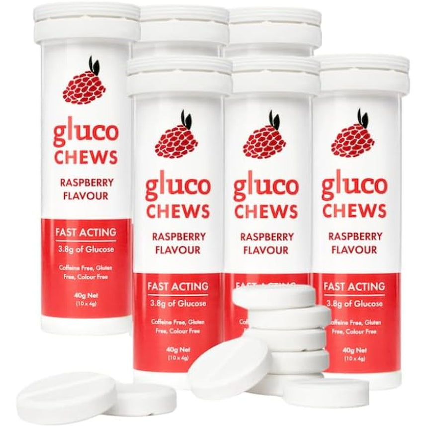 Fast Acting Glucose Tablets, Glucochews Raspberry, 60 Count (10 Tablets per Tube, 6 Pocket-Sized Tubes), Boosts Energy, Supports Blood Sugar, Gluten-Free, Caffeine-Free, Colouring-Free
