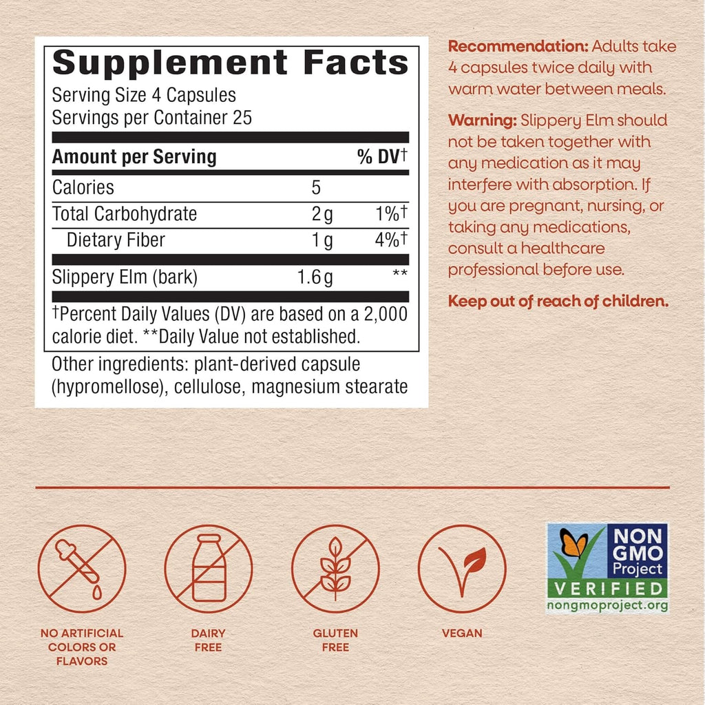 Nature'S Way Slippery Elm Bark Capsules, Traditional Digestive Support to Soothe Gastrointestinal Tract*, 1,600 Mg per 4-Capsule Serving for Traditional GI Support*, Vegan, 100 Capsules