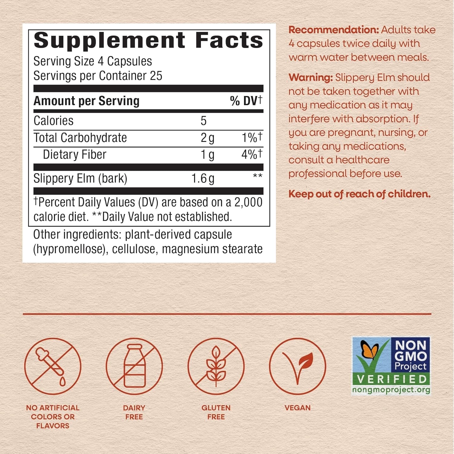 Nature'S Way Slippery Elm Bark Capsules, Traditional Digestive Support to Soothe Gastrointestinal Tract*, 1,600 Mg per 4-Capsule Serving for Traditional GI Support*, Vegan, 100 Capsules