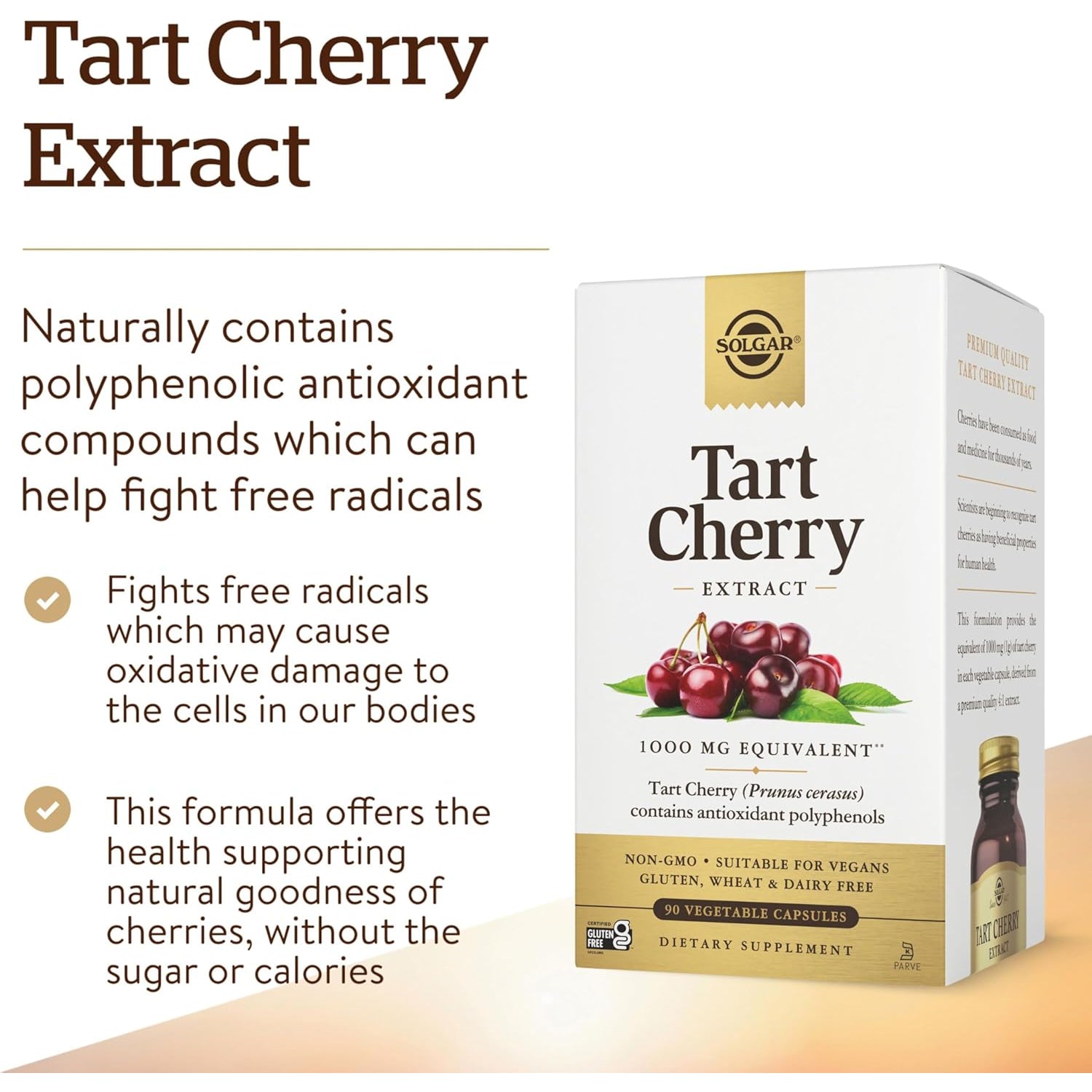 Solgar Tart Cherry 1000 Mg, 90 Vegetable Capsules - Antioxidant with Quercetin, Chlorogenic Acid & Anthocyanins Compounds - Non-Gmo, Vegan, Gluten Free, Dairy Free - 90 Servings
